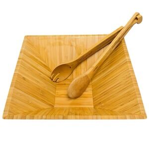 The Pampered Chef 11" Bamboo Wood Squared Salad Bowl Serving Set w/Tongs Retired